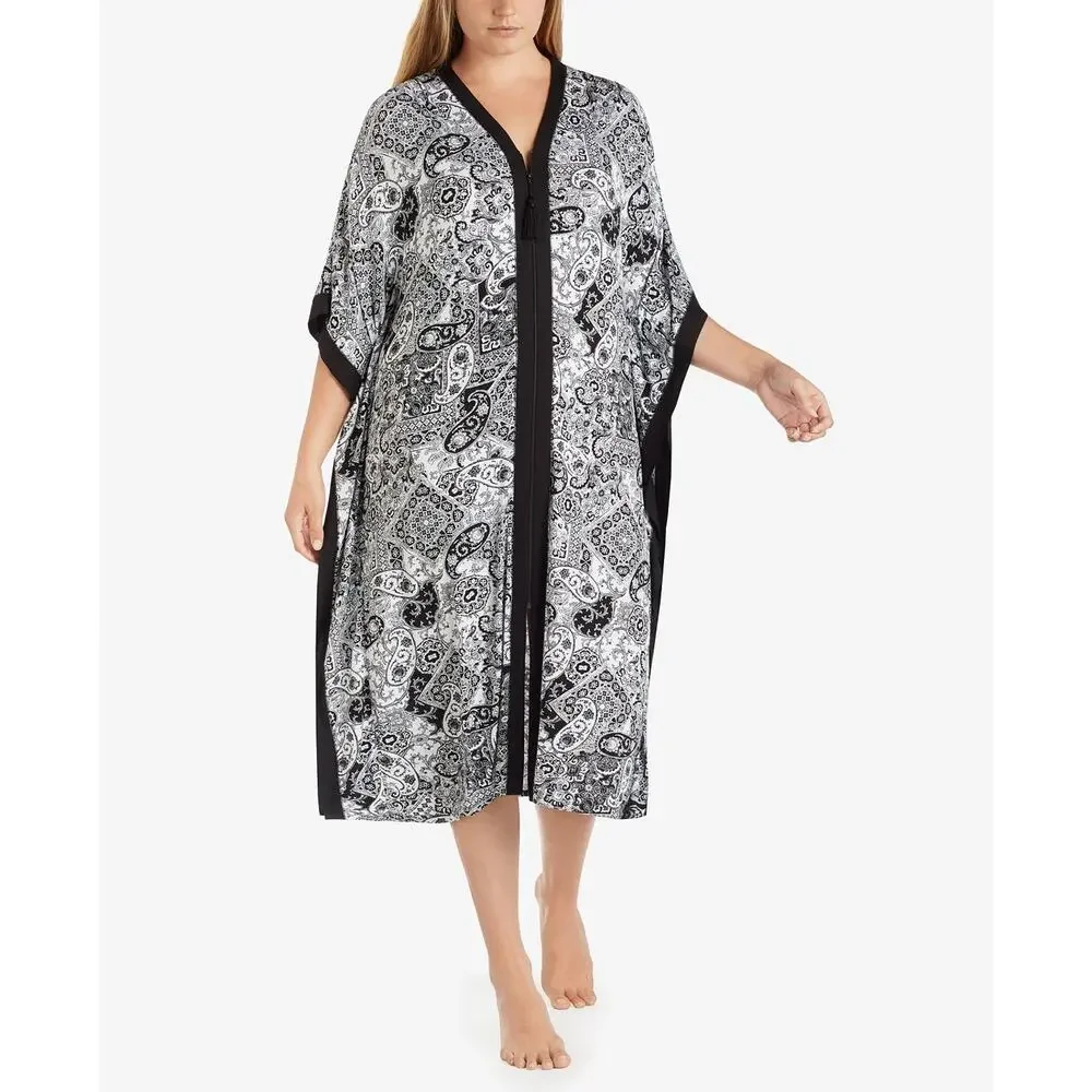 Ellen Tracy Wide-Sleeve Zip-Up Printed Caftan Gown Black White NWT L/XL